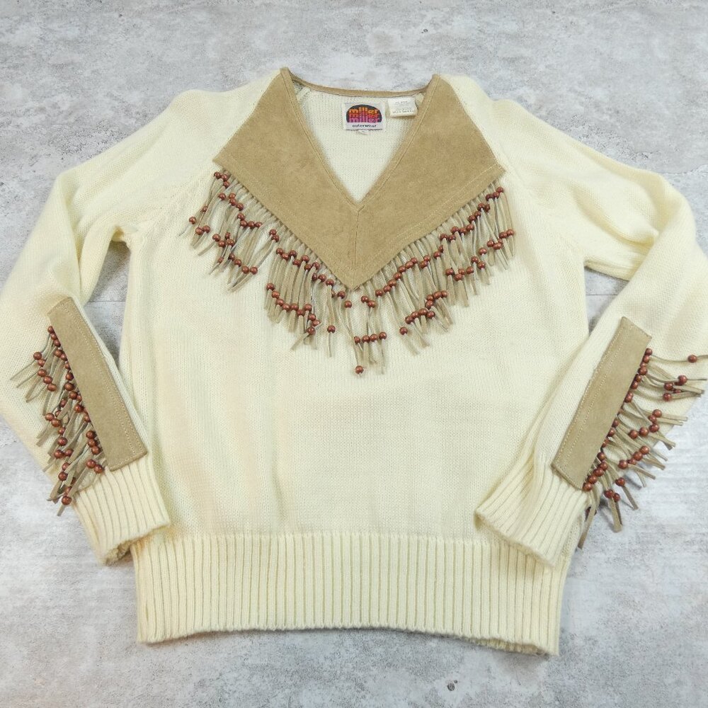Miller Sweater Large Ivory Western Beaded Leather Fringe